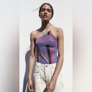 Zara / David Pher - Asymmetric Purple Mesh One-Shoulder Bodysuit